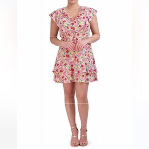 BCBG Paris Spring Floral Ruffle Yellow, White, Red & Pink  Mini Dress